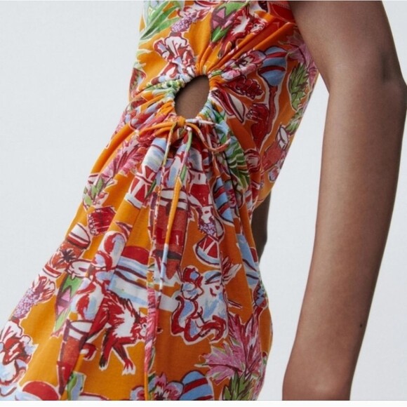 Zara Monkey Bongo Tropical Print T-Shirt Dress with Cut Out Sides Orange Small - Picture 8 of 11